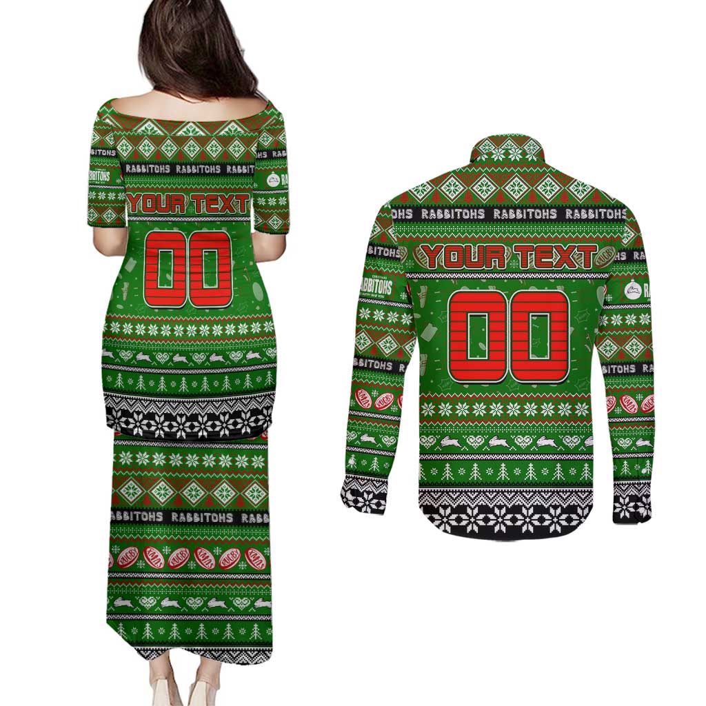 Personalized Rabbitohs Rugby Xmas Couples Matching Puletasi and Long Sleeve Button Shirt Australia NRL Mascot