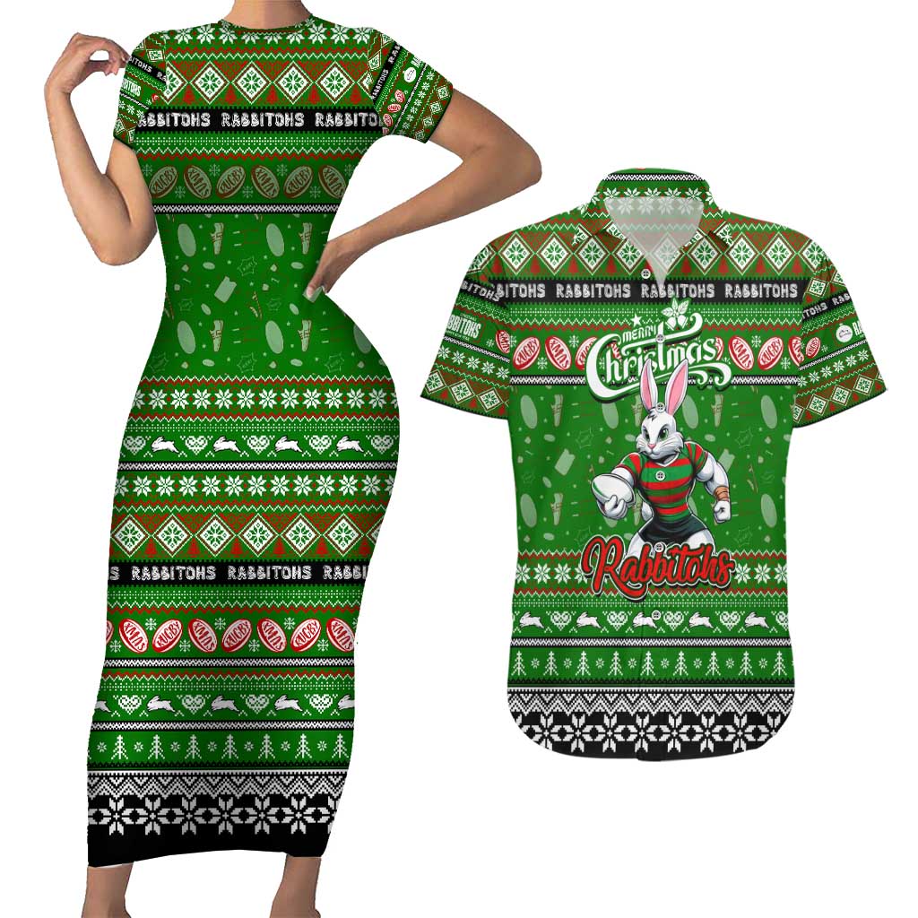 Personalized Rabbitohs Rugby Xmas Couples Matching Short Sleeve Bodycon Dress and Hawaiian Shirt Australia NRL Mascot