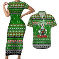 Personalized Rabbitohs Rugby Xmas Couples Matching Short Sleeve Bodycon Dress and Hawaiian Shirt Australia NRL Mascot