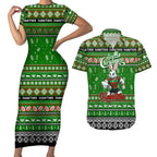 Personalized Rabbitohs Rugby Xmas Couples Matching Short Sleeve Bodycon Dress and Hawaiian Shirt Australia NRL Mascot