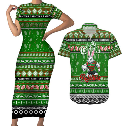 Personalized Rabbitohs Rugby Xmas Couples Matching Short Sleeve Bodycon Dress and Hawaiian Shirt Australia NRL Mascot