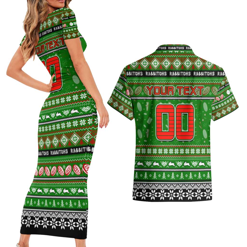 Personalized Rabbitohs Rugby Xmas Couples Matching Short Sleeve Bodycon Dress and Hawaiian Shirt Australia NRL Mascot
