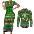 Personalized Rabbitohs Rugby Xmas Couples Matching Short Sleeve Bodycon Dress and Long Sleeve Button Shirt Australia NRL Mascot