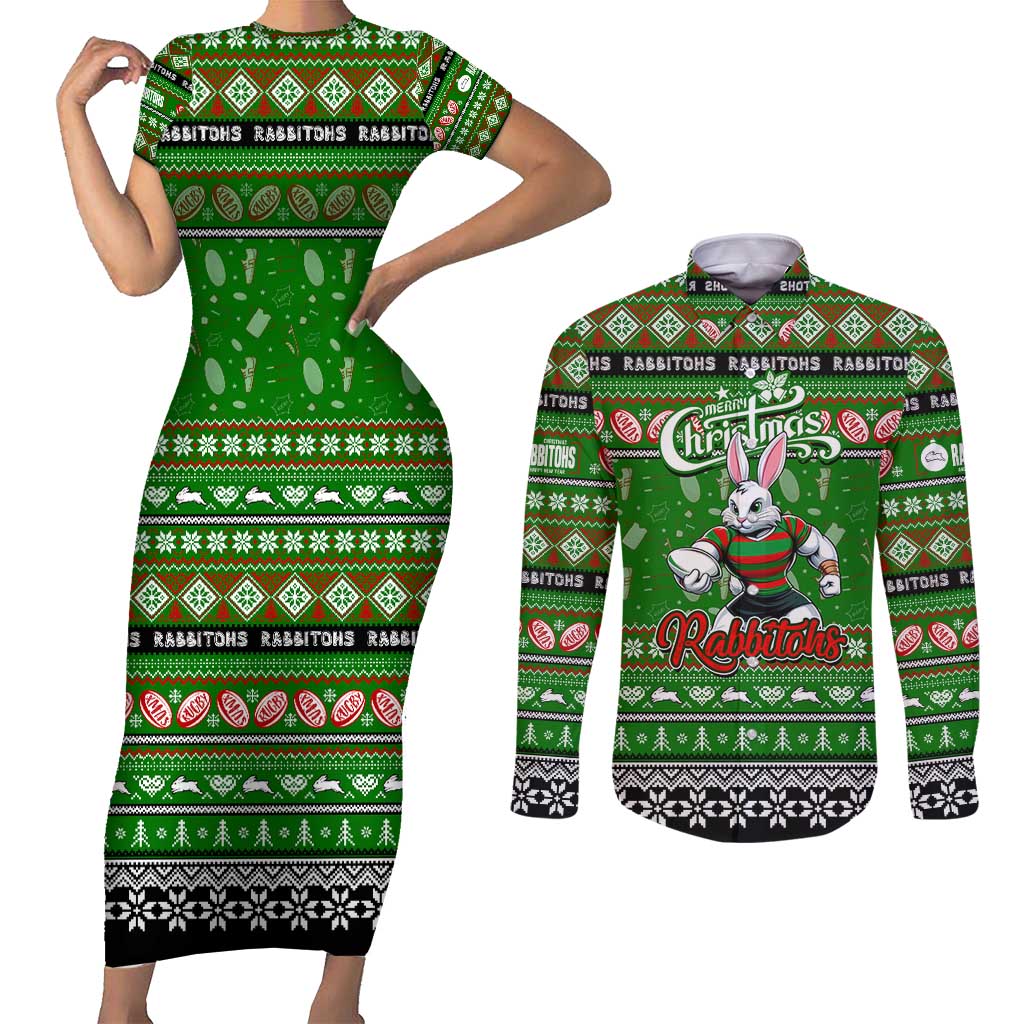Personalized Rabbitohs Rugby Xmas Couples Matching Short Sleeve Bodycon Dress and Long Sleeve Button Shirt Australia NRL Mascot