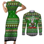 Personalized Rabbitohs Rugby Xmas Couples Matching Short Sleeve Bodycon Dress and Long Sleeve Button Shirt Australia NRL Mascot