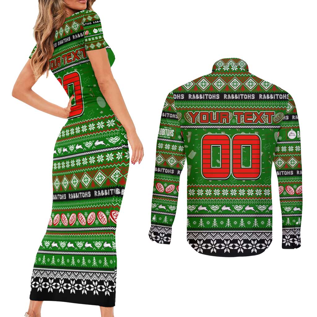 Personalized Rabbitohs Rugby Xmas Couples Matching Short Sleeve Bodycon Dress and Long Sleeve Button Shirt Australia NRL Mascot