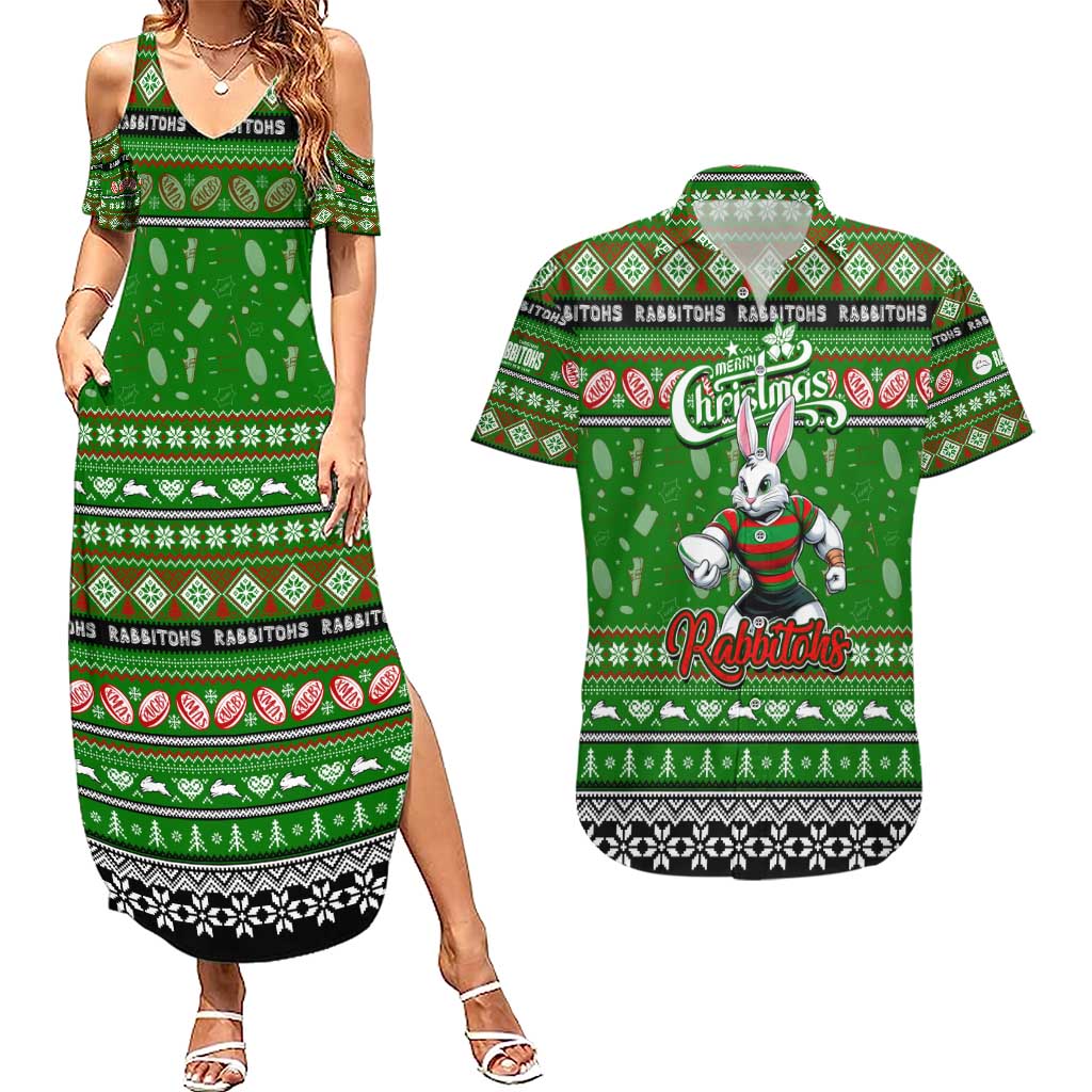 Personalized Rabbitohs Rugby Xmas Couples Matching Summer Maxi Dress and Hawaiian Shirt Australia NRL Mascot