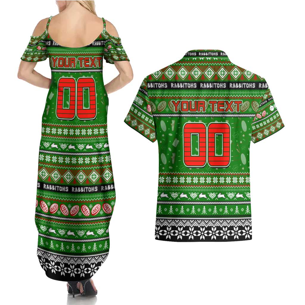 Personalized Rabbitohs Rugby Xmas Couples Matching Summer Maxi Dress and Hawaiian Shirt Australia NRL Mascot