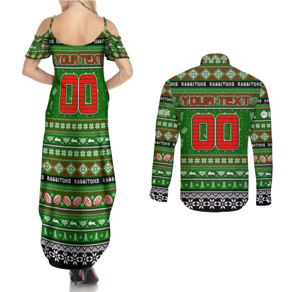 Personalized Rabbitohs Rugby Xmas Couples Matching Summer Maxi Dress and Long Sleeve Button Shirt Australia NRL Mascot