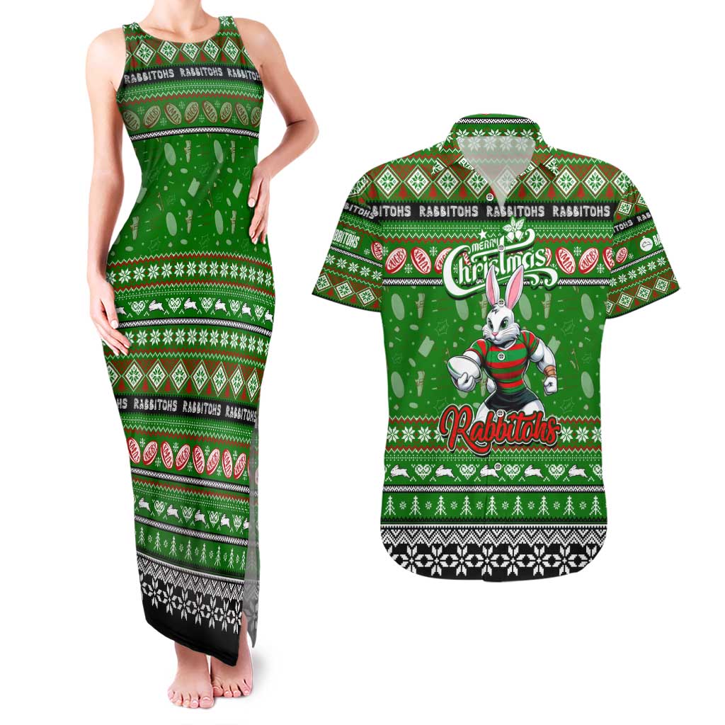 Personalized Rabbitohs Rugby Xmas Couples Matching Tank Maxi Dress and Hawaiian Shirt Australia NRL Mascot