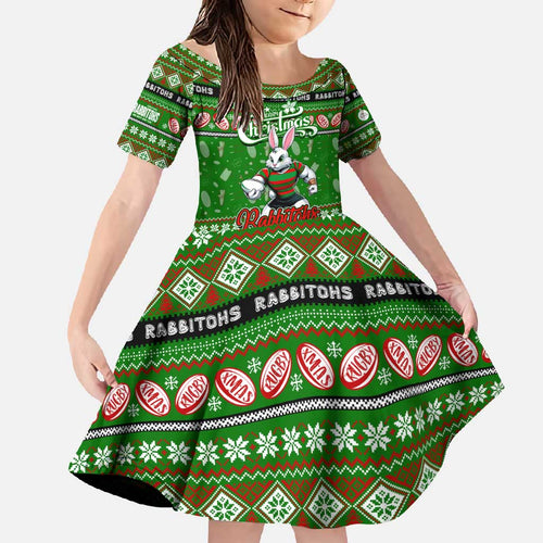 Personalized Rabbitohs Rugby Xmas Family Matching Long Sleeve Bodycon Dress and Hawaiian Shirt Australia NRL Mascot