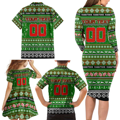 Personalized Rabbitohs Rugby Xmas Family Matching Long Sleeve Bodycon Dress and Hawaiian Shirt Australia NRL Mascot