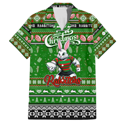 Personalized Rabbitohs Rugby Xmas Family Matching Long Sleeve Bodycon Dress and Hawaiian Shirt Australia NRL Mascot
