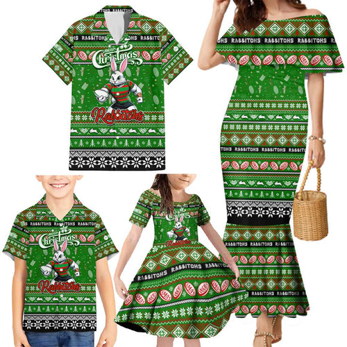 Personalized Rabbitohs Rugby Xmas Family Matching Mermaid Dress and Hawaiian Shirt Australia NRL Mascot