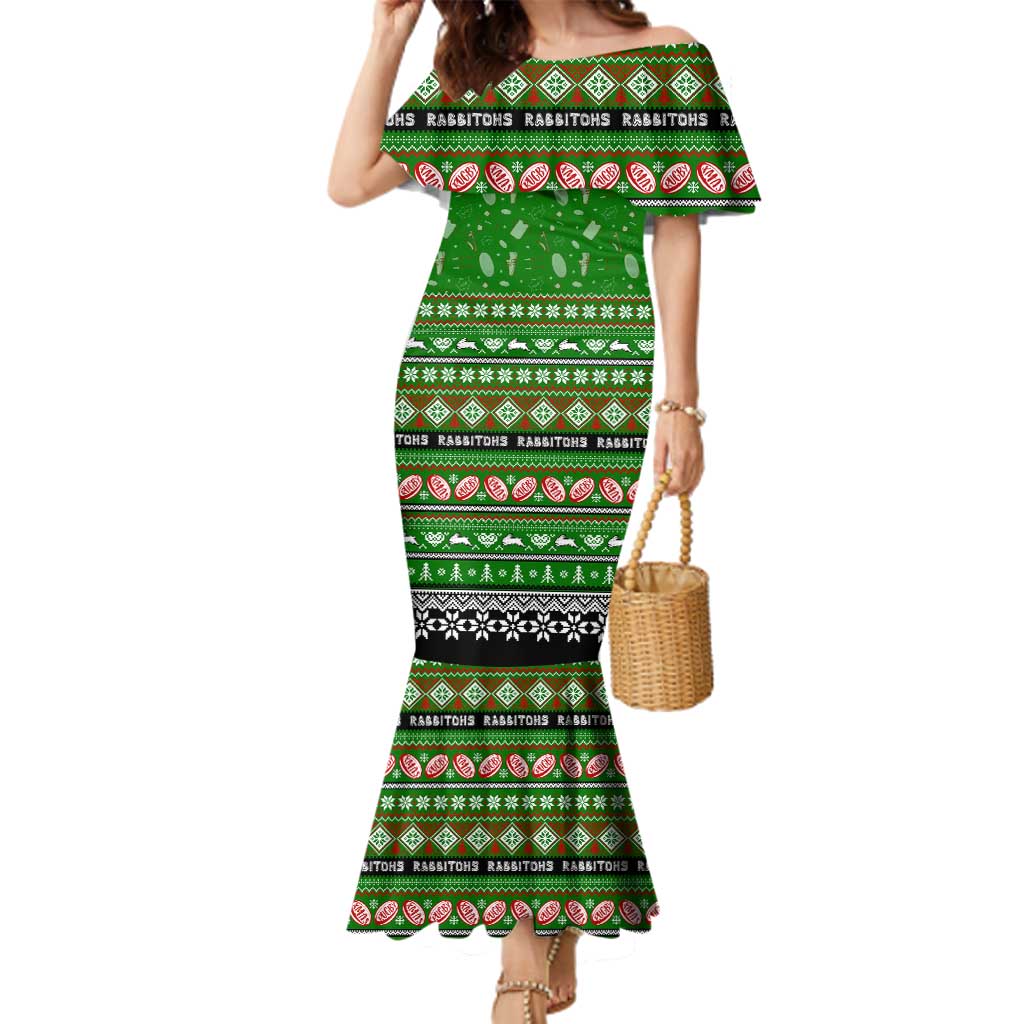 Personalized Rabbitohs Rugby Xmas Family Matching Mermaid Dress and Hawaiian Shirt Australia NRL Mascot