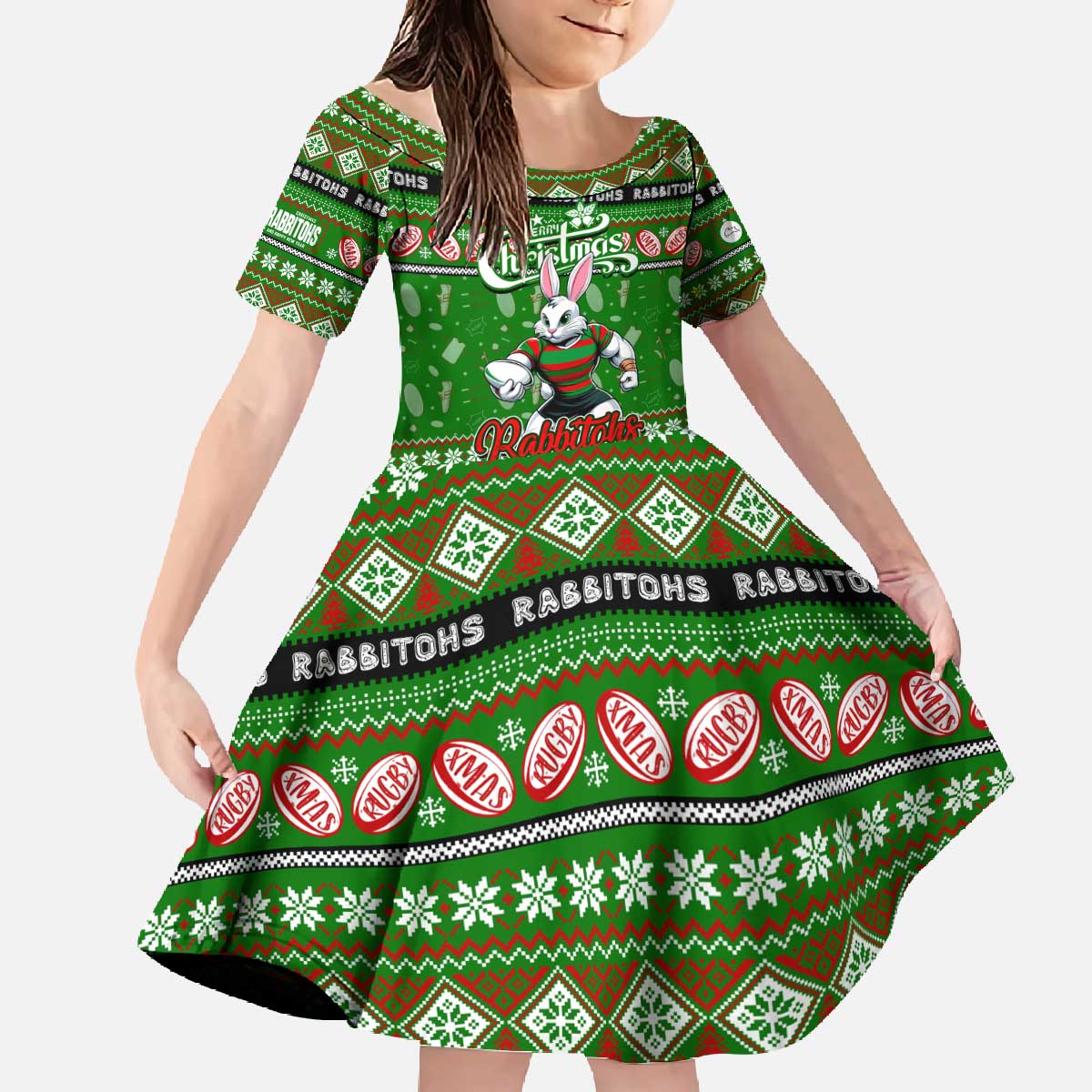 Personalized Rabbitohs Rugby Xmas Family Matching Off The Shoulder Long Sleeve Dress and Hawaiian Shirt Australia NRL Mascot