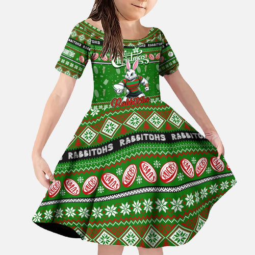 Personalized Rabbitohs Rugby Xmas Family Matching Off The Shoulder Long Sleeve Dress and Hawaiian Shirt Australia NRL Mascot