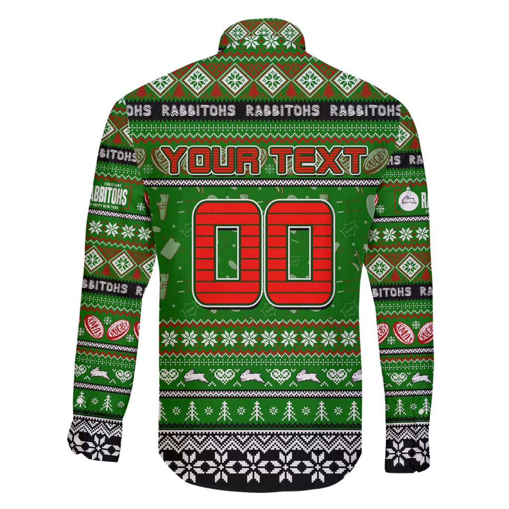 Personalized Rabbitohs Rugby Xmas Family Matching Off The Shoulder Long Sleeve Dress and Hawaiian Shirt Australia NRL Mascot