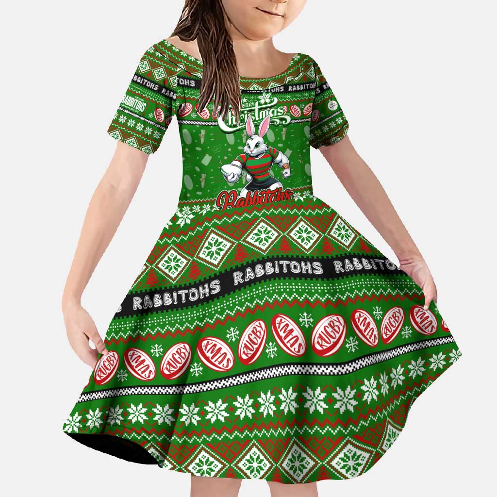 Personalized Rabbitohs Rugby Xmas Family Matching Off Shoulder Maxi Dress and Hawaiian Shirt Australia NRL Mascot