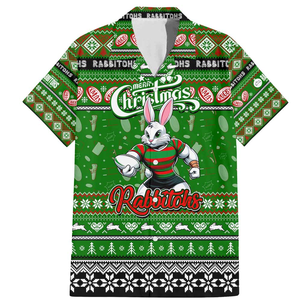 Personalized Rabbitohs Rugby Xmas Family Matching Off Shoulder Maxi Dress and Hawaiian Shirt Australia NRL Mascot
