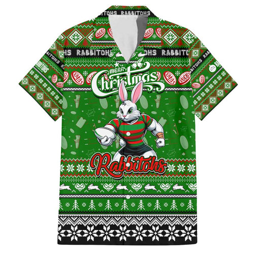 Personalized Rabbitohs Rugby Xmas Family Matching Off Shoulder Short Dress and Hawaiian Shirt Australia NRL Mascot