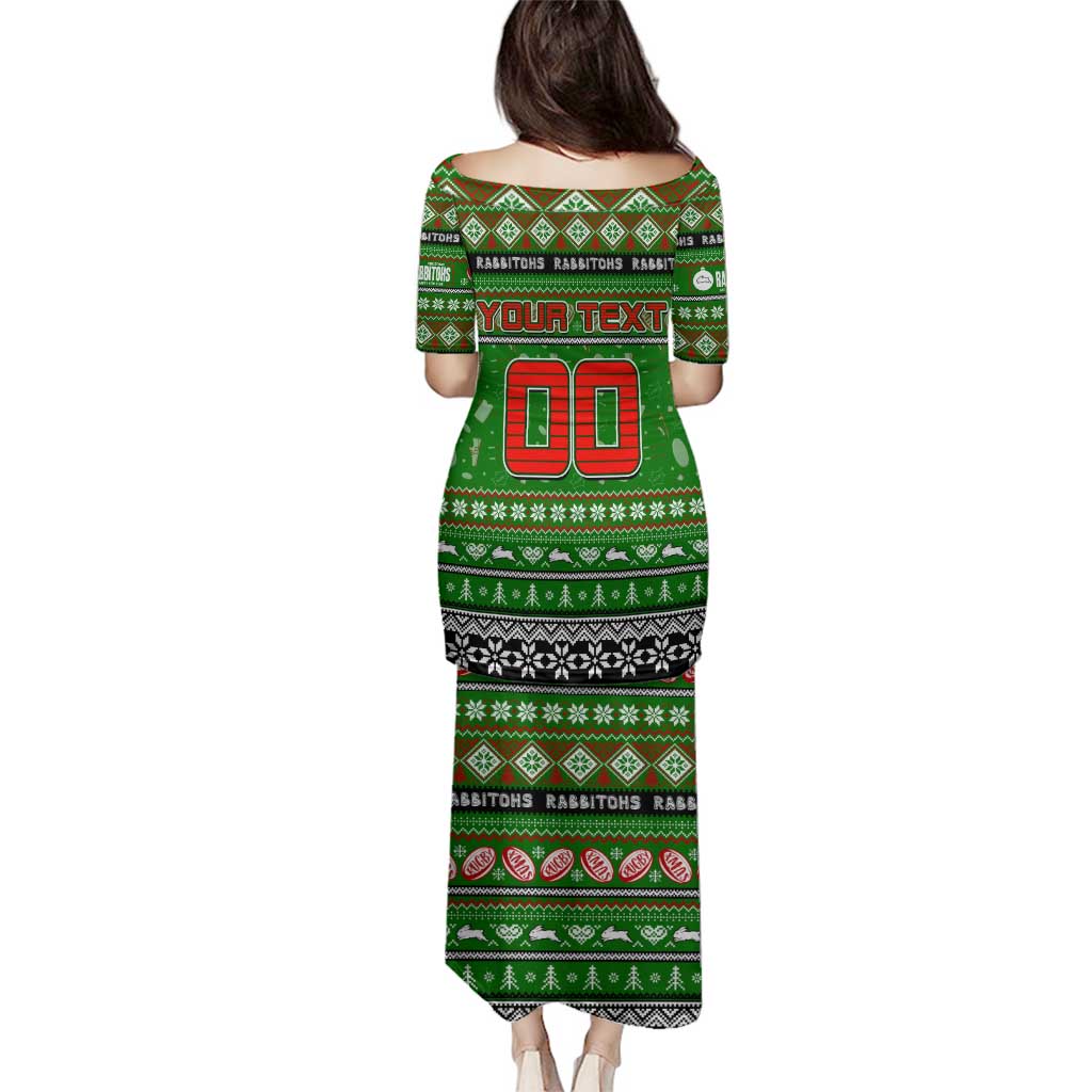 Personalized Rabbitohs Rugby Xmas Family Matching Puletasi and Hawaiian Shirt Australia NRL Mascot