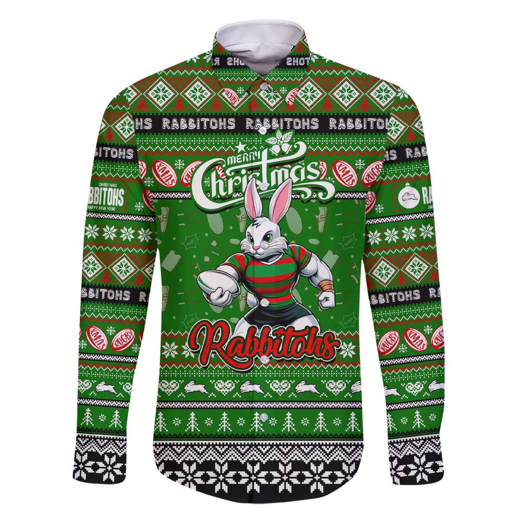 Personalized Rabbitohs Rugby Xmas Family Matching Short Sleeve Bodycon Dress and Hawaiian Shirt Australia NRL Mascot
