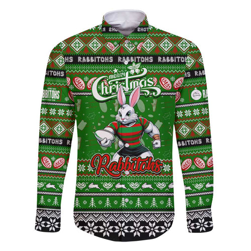 Personalized Rabbitohs Rugby Xmas Family Matching Short Sleeve Bodycon Dress and Hawaiian Shirt Australia NRL Mascot