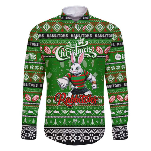 Personalized Rabbitohs Rugby Xmas Family Matching Summer Maxi Dress and Hawaiian Shirt Australia NRL Mascot