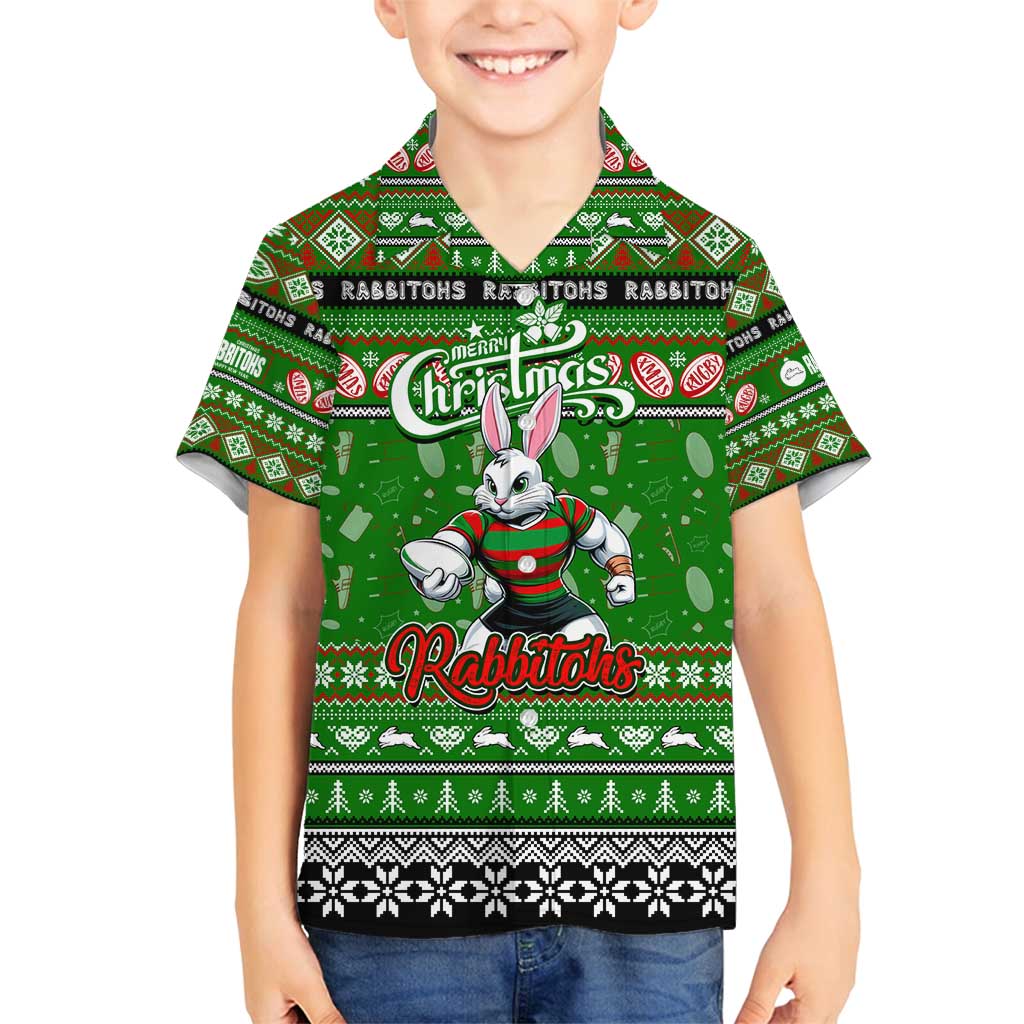 Personalized Rabbitohs Rugby Xmas Family Matching Summer Maxi Dress and Hawaiian Shirt Australia NRL Mascot