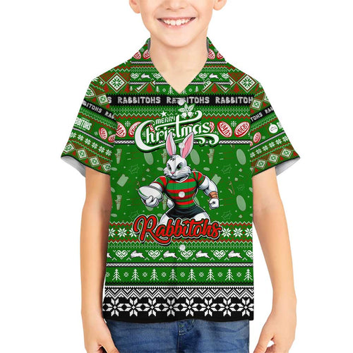 Personalized Rabbitohs Rugby Xmas Family Matching Summer Maxi Dress and Hawaiian Shirt Australia NRL Mascot