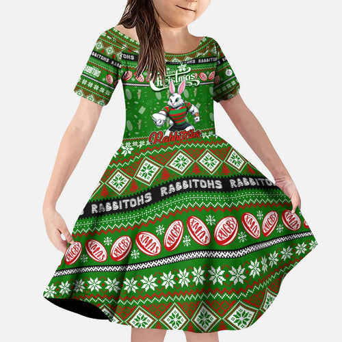 Personalized Rabbitohs Rugby Xmas Kid Short Sleeve Dress Australia NRL Mascot