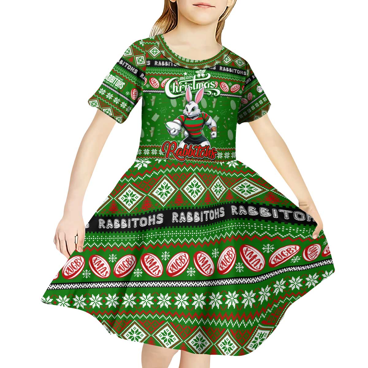 Personalized Rabbitohs Rugby Xmas Kid Short Sleeve Dress Australia NRL Mascot