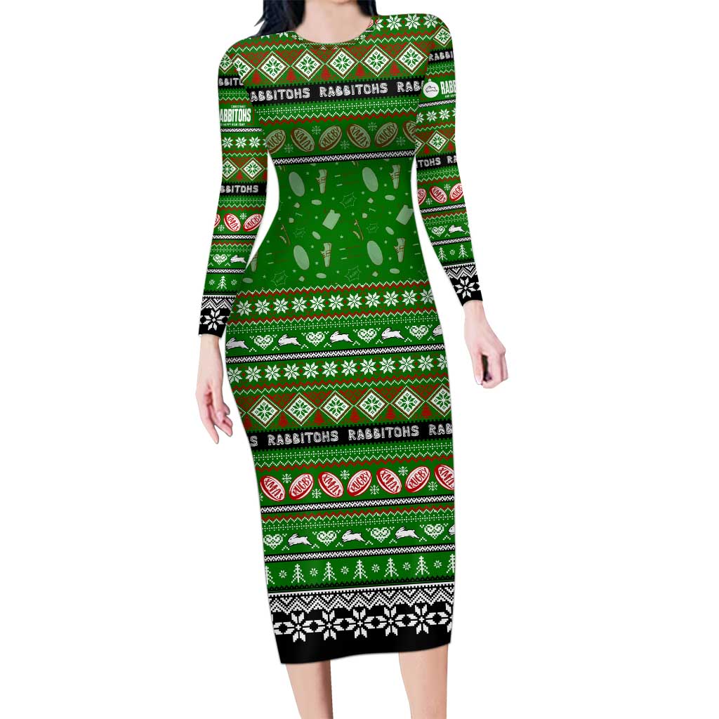 Personalized Rabbitohs Rugby Xmas Long Sleeve Bodycon Dress Australia NRL Mascot