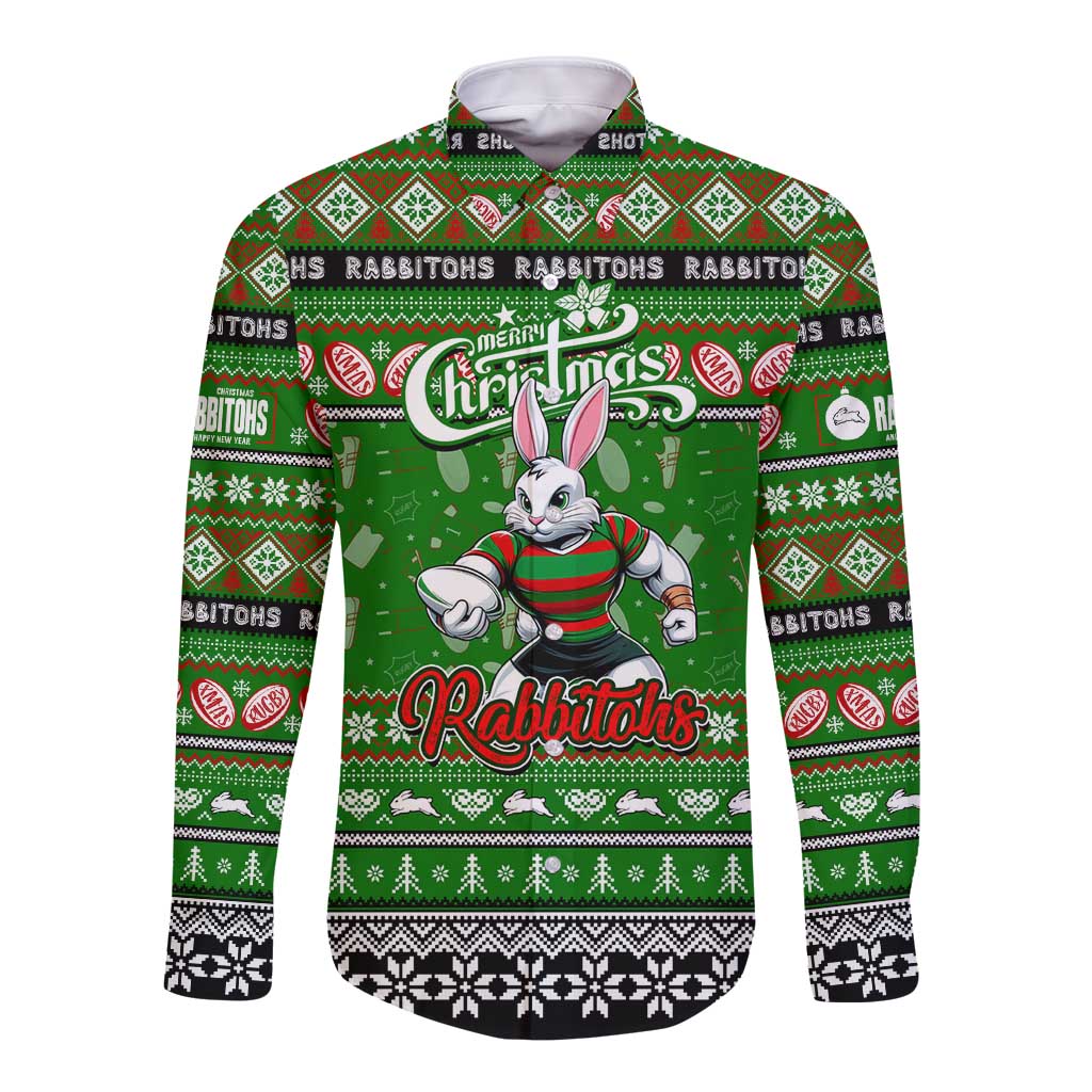 Personalized Rabbitohs Rugby Xmas Long Sleeve Button Shirt Australia NRL Mascot