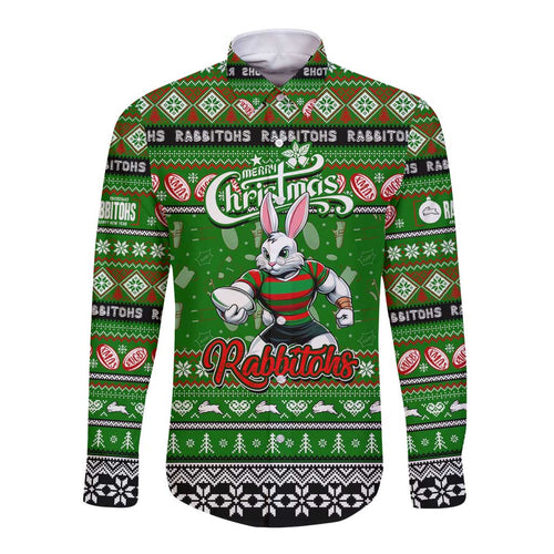 Personalized Rabbitohs Rugby Xmas Long Sleeve Button Shirt Australia NRL Mascot