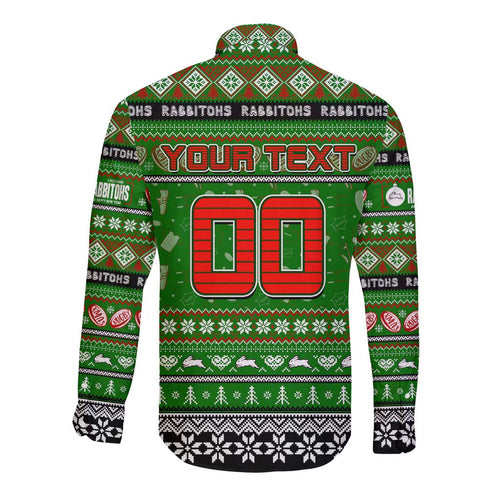 Personalized Rabbitohs Rugby Xmas Long Sleeve Button Shirt Australia NRL Mascot