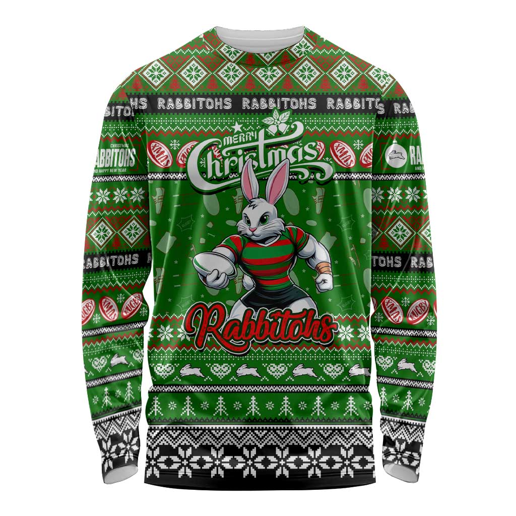 Personalized Rabbitohs Rugby Xmas Long Sleeve Shirt Australia NRL Mascot