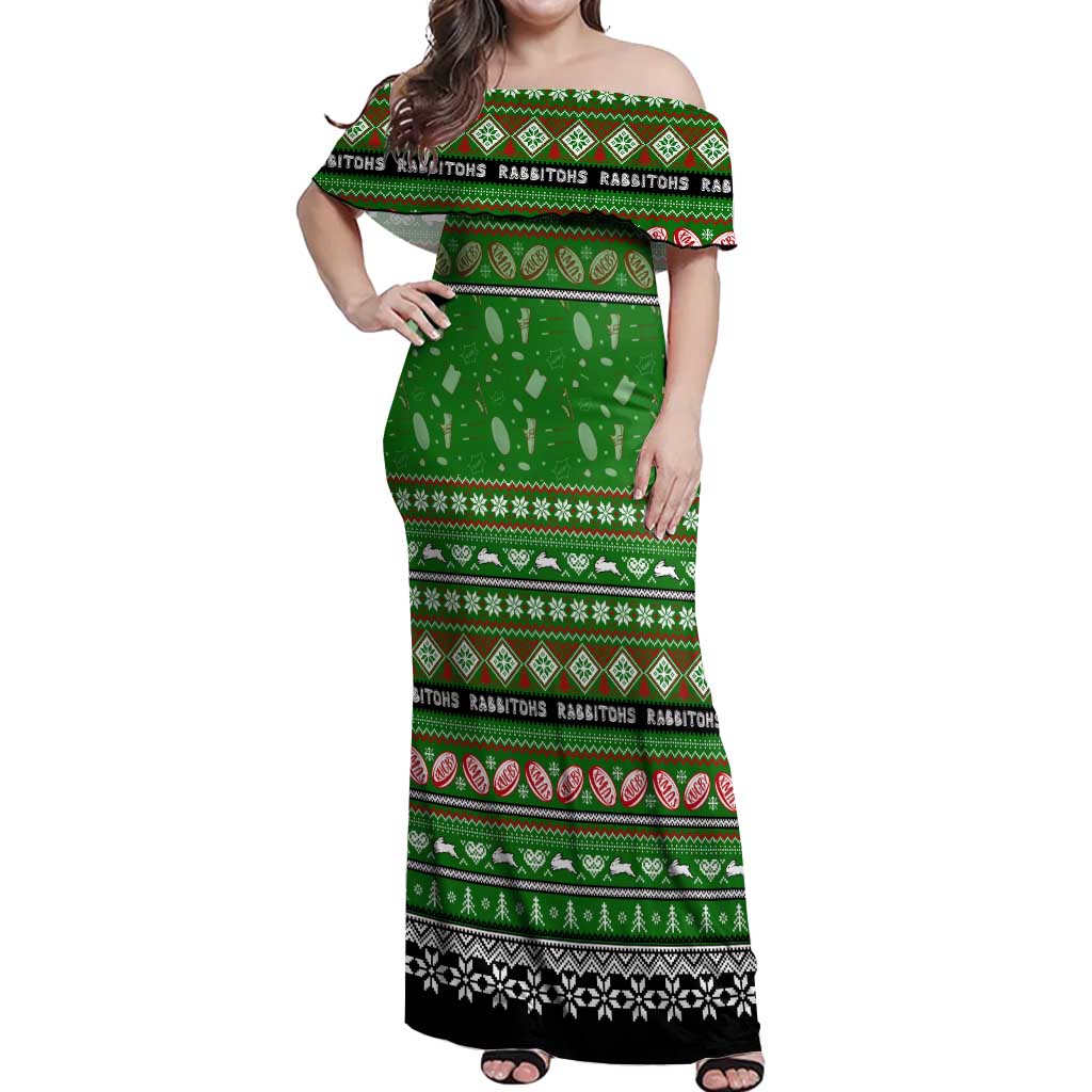 Personalized Rabbitohs Rugby Xmas Off Shoulder Maxi Dress Australia NRL Mascot