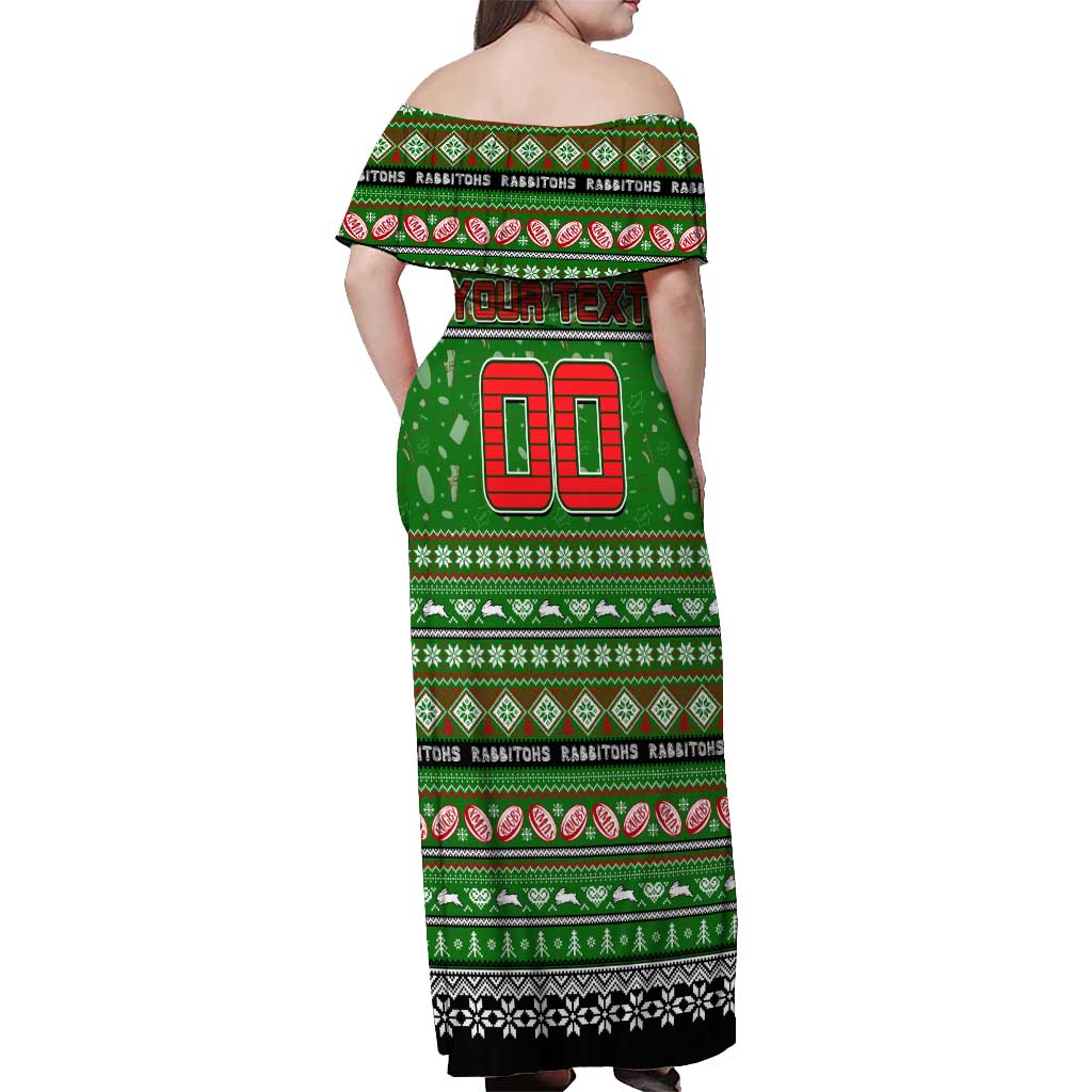 Personalized Rabbitohs Rugby Xmas Off Shoulder Maxi Dress Australia NRL Mascot