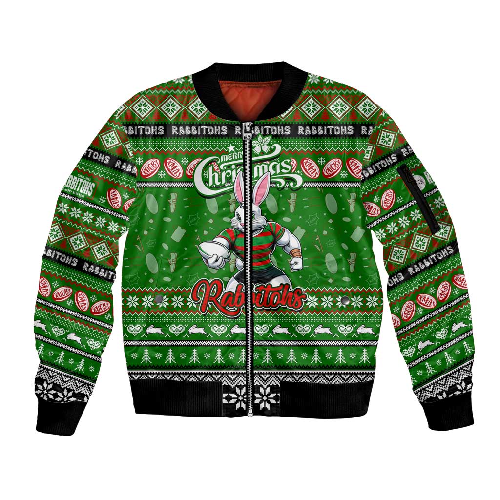 Personalized Rabbitohs Rugby Xmas Sleeve Zip Bomber Jacket Australia NRL Mascot