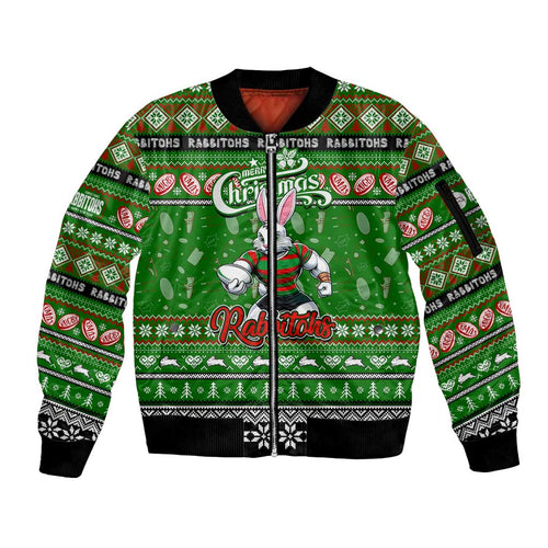 Personalized Rabbitohs Rugby Xmas Sleeve Zip Bomber Jacket Australia NRL Mascot