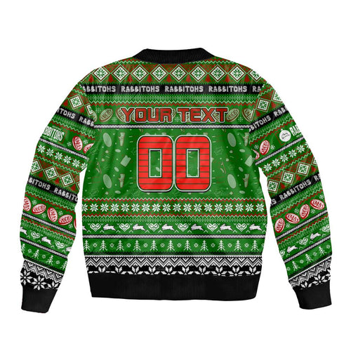 Personalized Rabbitohs Rugby Xmas Sleeve Zip Bomber Jacket Australia NRL Mascot