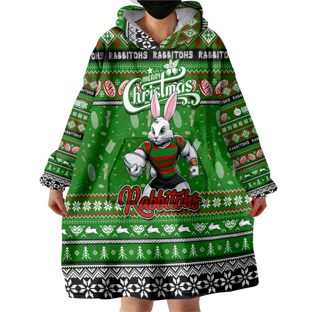 Personalized Rabbitohs Rugby Xmas Wearable Blanket Hoodie Australia NRL Mascot