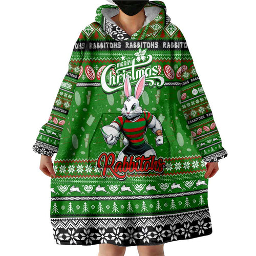 Personalized Rabbitohs Rugby Xmas Wearable Blanket Hoodie Australia NRL Mascot