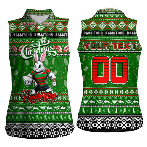 Personalized Rabbitohs Rugby Xmas Women Sleeveless Polo Shirt Australia NRL Mascot