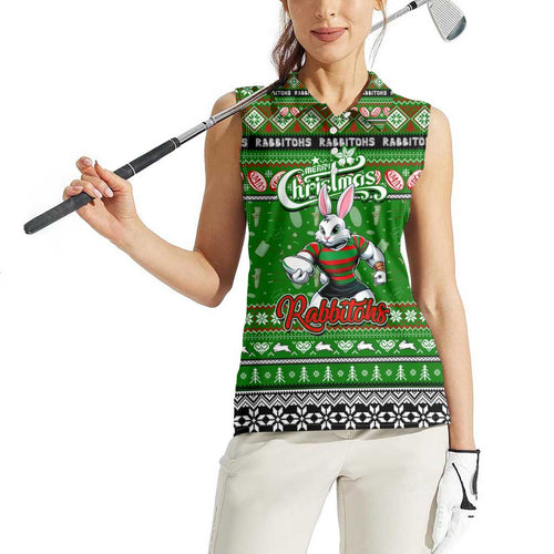 Personalized Rabbitohs Rugby Xmas Women Sleeveless Polo Shirt Australia NRL Mascot