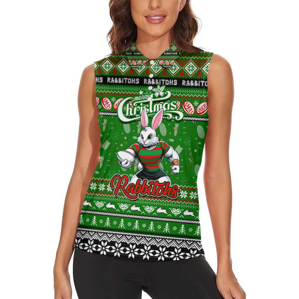Personalized Rabbitohs Rugby Xmas Women Sleeveless Polo Shirt Australia NRL Mascot