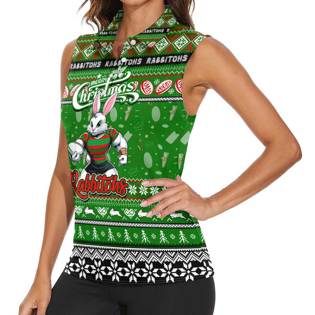Personalized Rabbitohs Rugby Xmas Women Sleeveless Polo Shirt Australia NRL Mascot