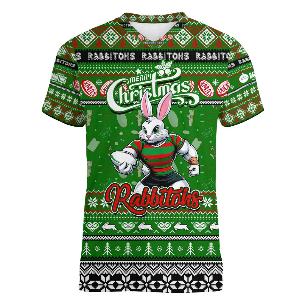 Personalized Rabbitohs Rugby Xmas Women V-Neck T-Shirt Australia NRL Mascot